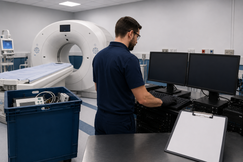Certified ITAD technician processing retired medical IT equipment and imaging devices from a Canadian healthcare organization
