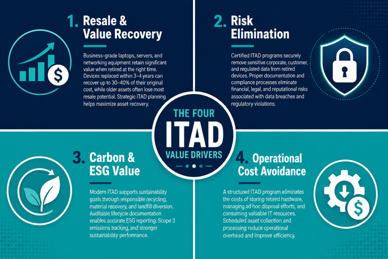 Infographic showing four financial drivers of enterprise ITAD ROI: resale, risk elimination, ESG value, and cost avoidance